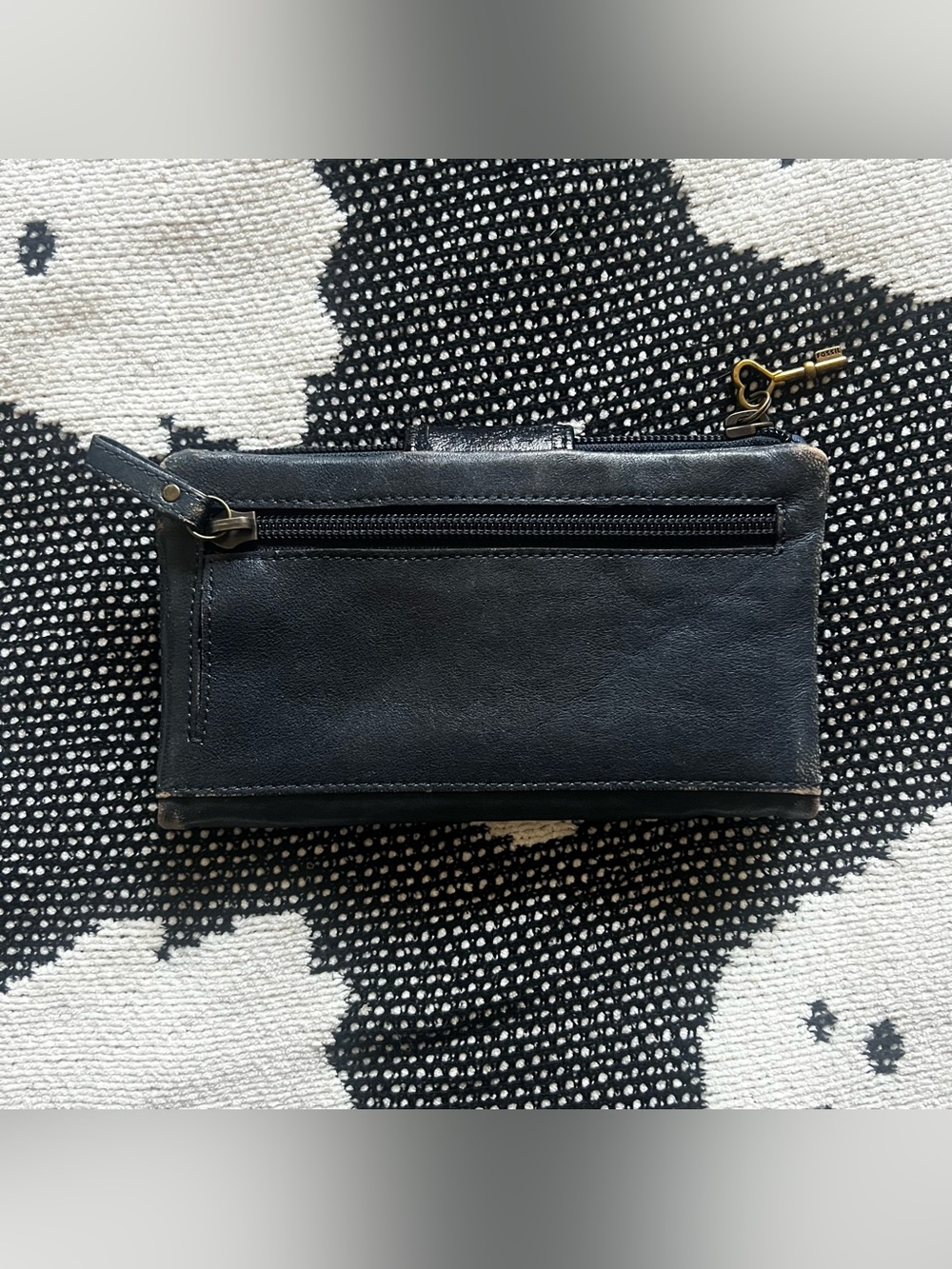 Dark Navy Blue Fossil Wallet w/ Heart Key Zipper - Picture 2 of 3
